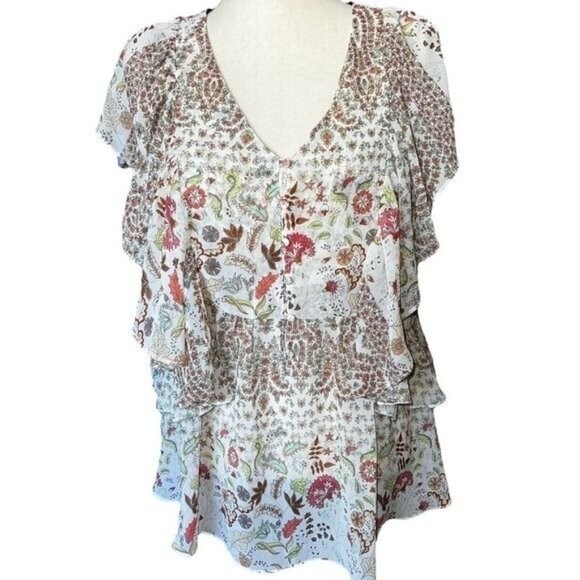 Matilda Jane Floral Ruffle Layered V-Neck Blouse With Sheer Sleeves Womens Small - Picture 1 of 14